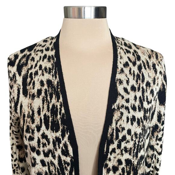 Chico's Animal Leopard Print Cardigan Sweater Size L Long Line Cozy Neutral Work - Picture 2 of 9